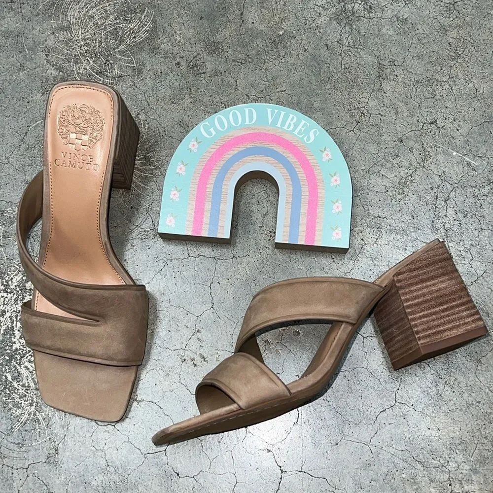 * Vince Camuto, beige suede heels 